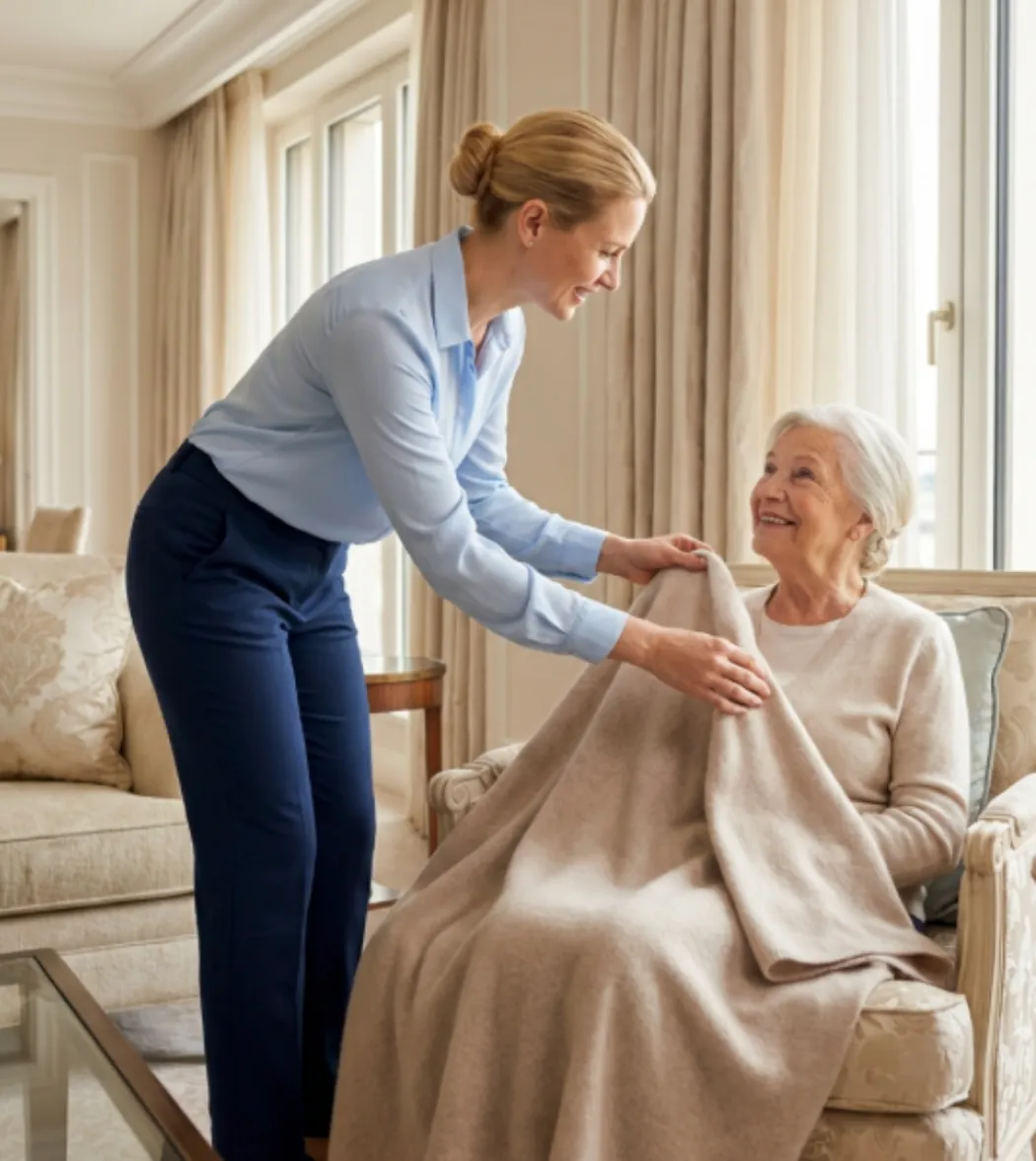 A nurse settling a blanket over an older woman in an armchair.